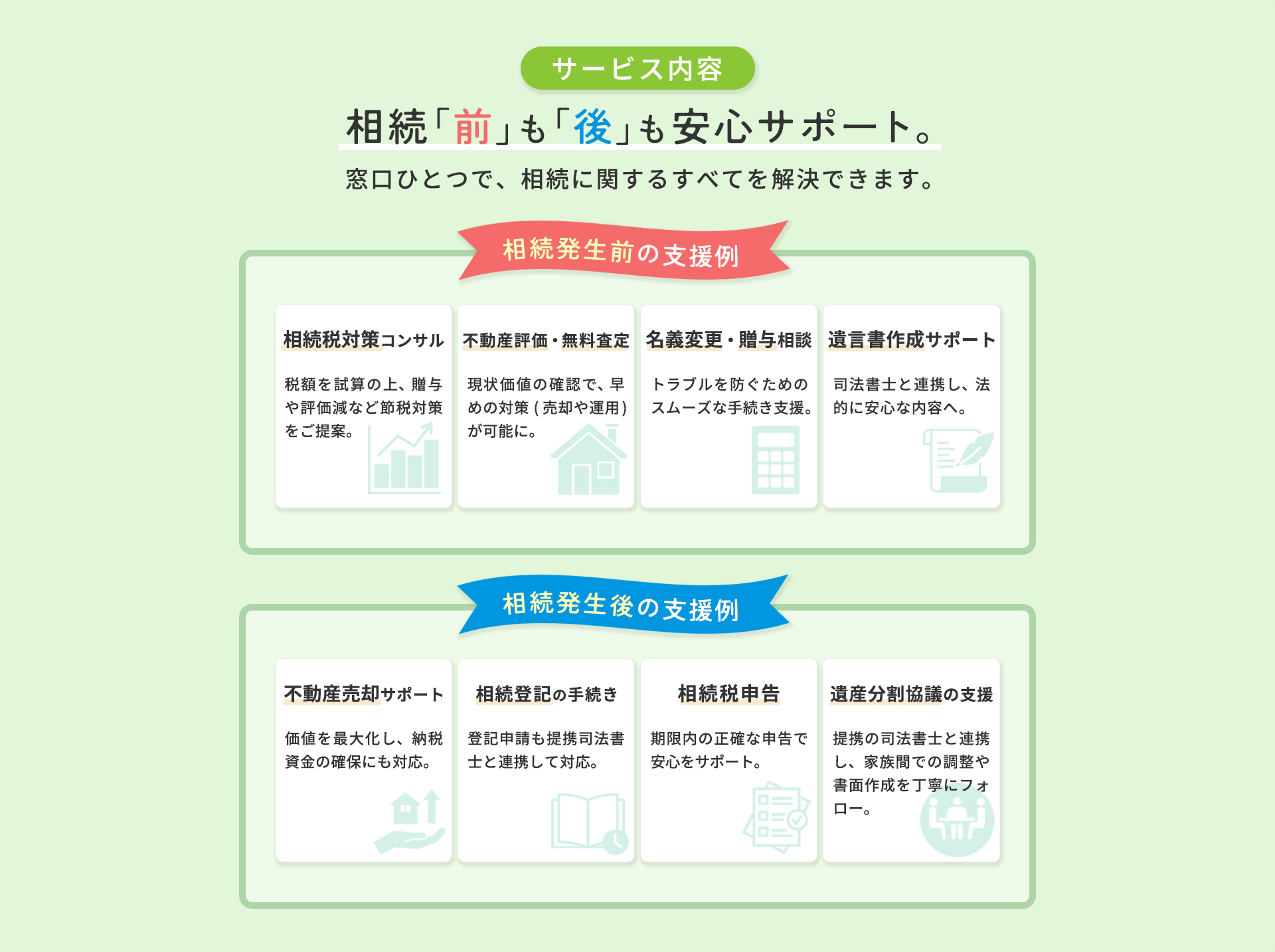 サービス内容
相続前も後も安心サポート